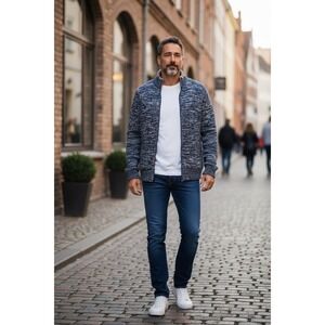 Established 1972 Mens Charcoal Blue Marled Knit Full Zip Faux Fur Lined Jacket L